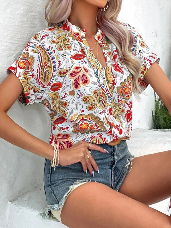 Women's Painted Printing V-neck Short Sleeve Top