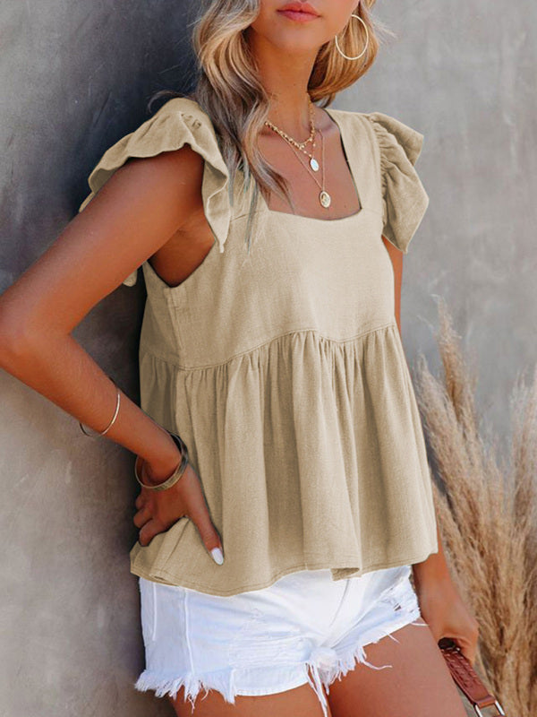 Women's Solid Color Casual Square Neck Fly Sleeve Top
