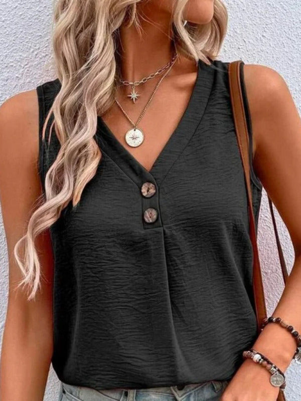 Women's Solid Color Casual V-Neck Button Sleeveless Top