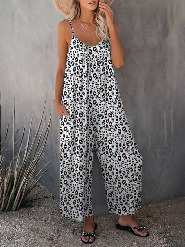 Women's Casual Sleeveless Leopard Print Pocket Loose Suspender Jumpsuit