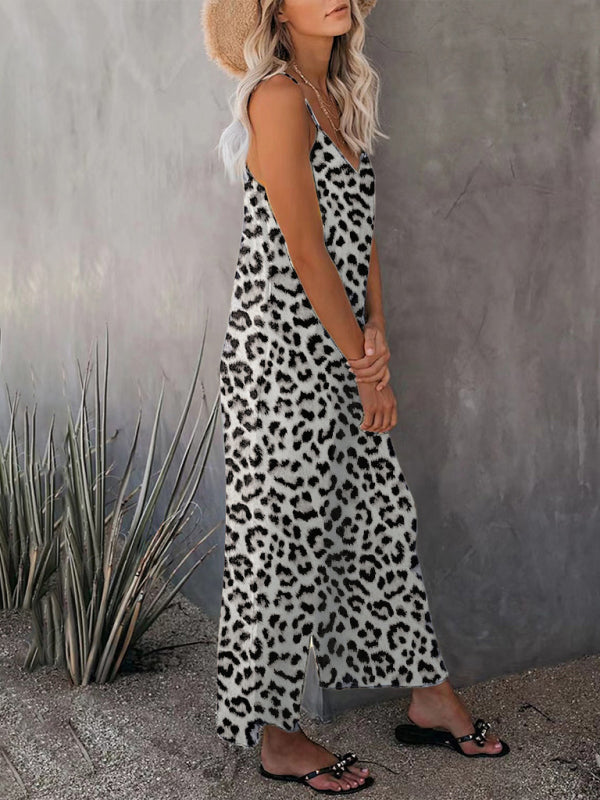 Women's Casual Sleeveless Leopard Print Pocket Loose Suspender Jumpsuit