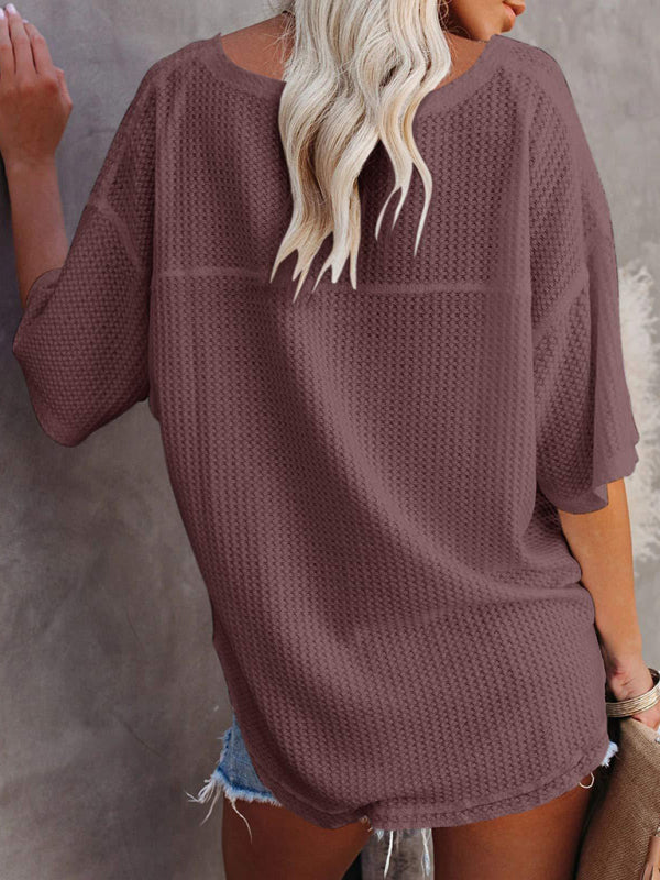 Waffle Knit Loose Solid Color Short Sleeve T-Shirt
