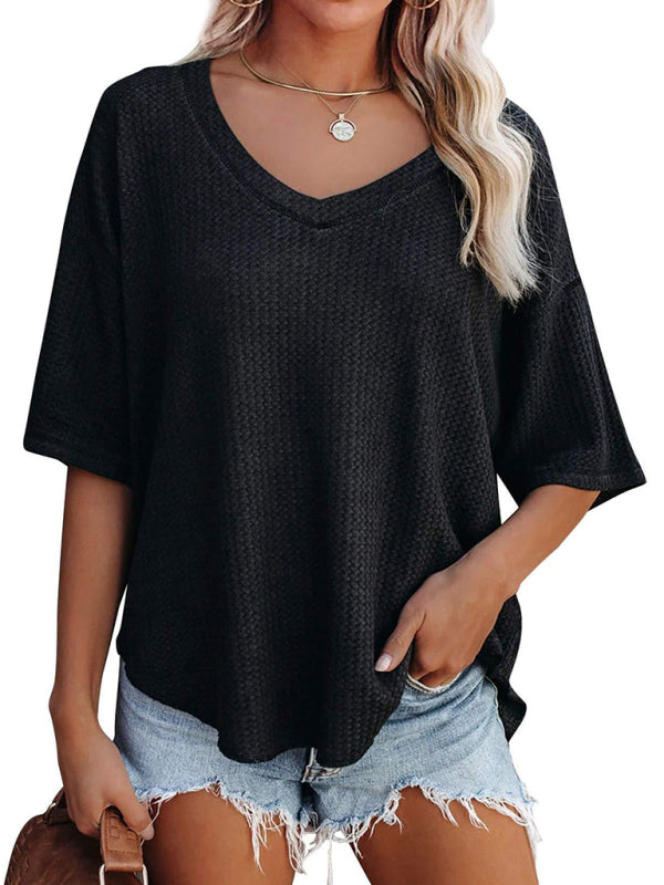 Waffle Knit Loose Solid Color Short Sleeve T-Shirt