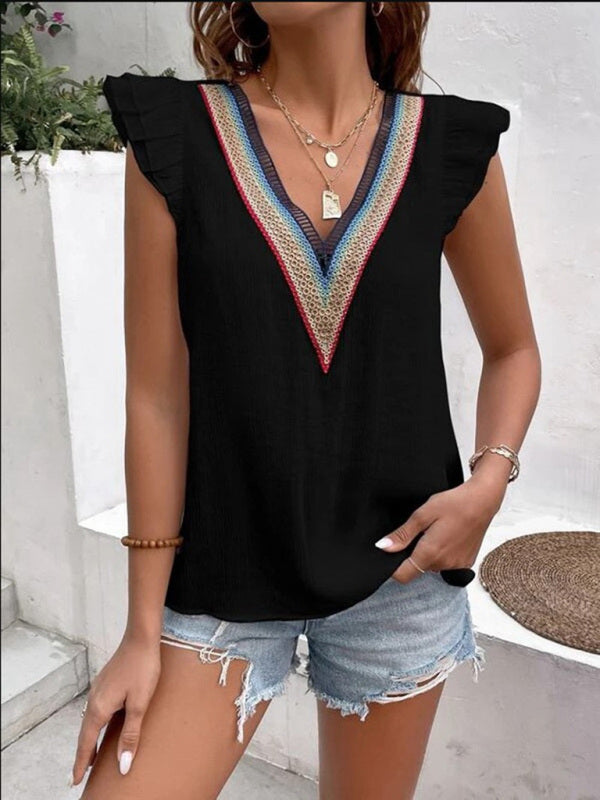 Women's V-neck lace casual solid color top