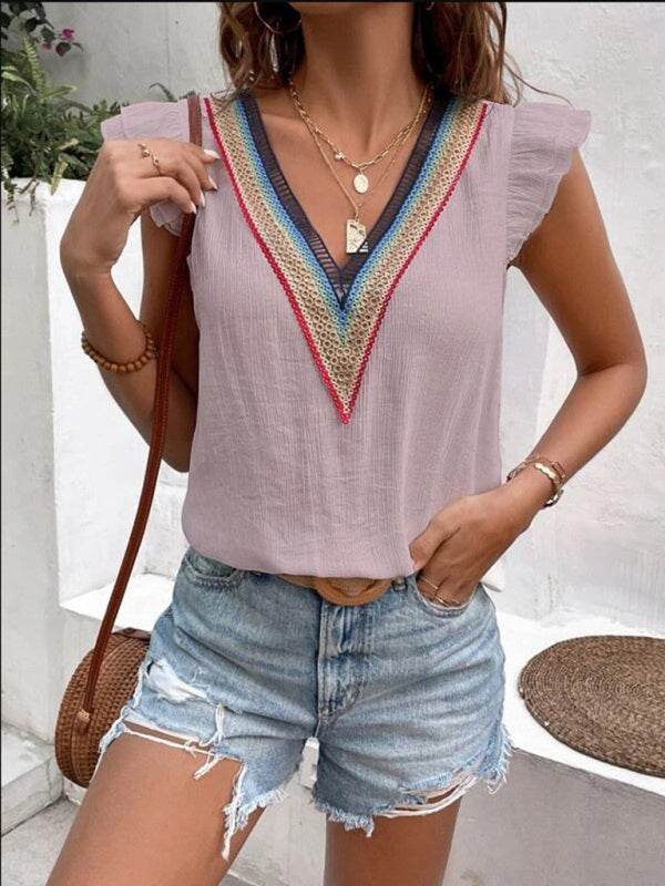 Women's V-neck lace casual solid color top