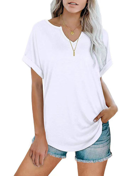 Solid color notched loose short-sleeved t-shirt for women