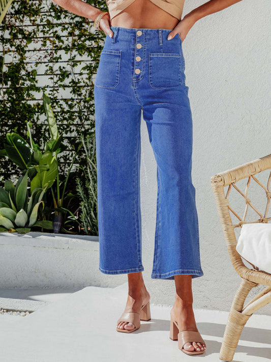Loose Straight Single-Breasted High-Waist Wide-Leg Jeans