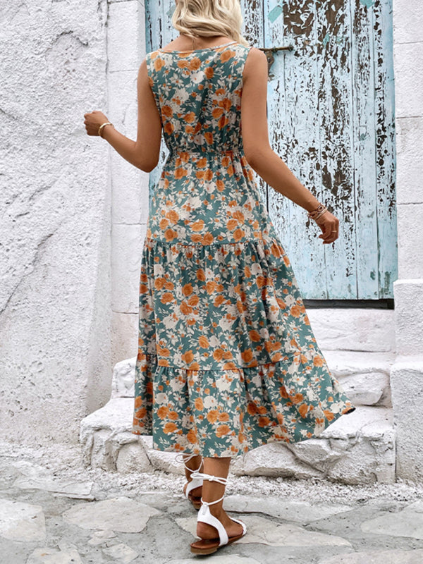 Casual Ladies Button Sleeveless Floral Print Dress