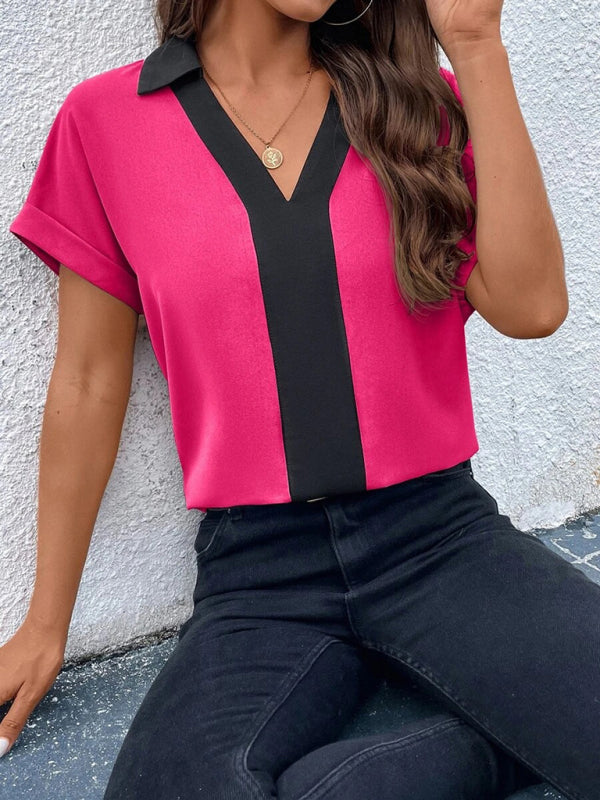 Women's Contrasting Color V-Neck Raglan Sleeve Lapel Loose Top