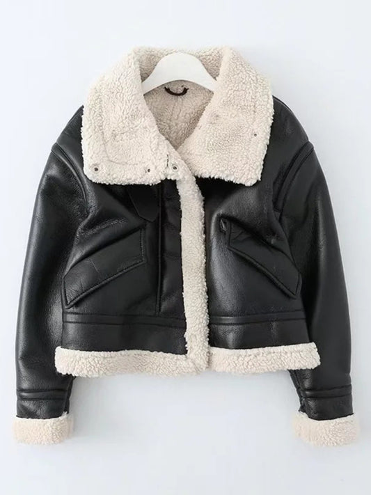 PU leather all-in-one motorcycle short temperament high-necked fur jacket