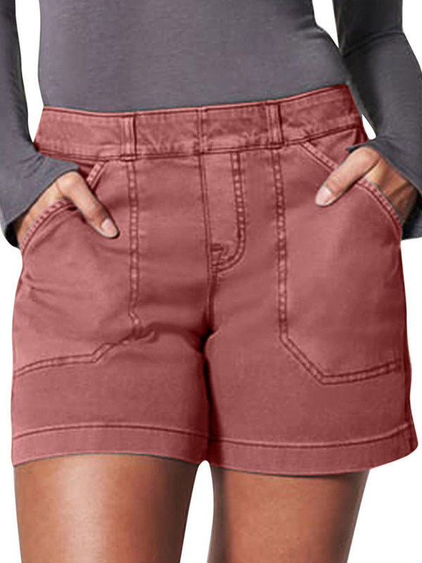 Women's high elastic twill large pocket solid color casual shorts