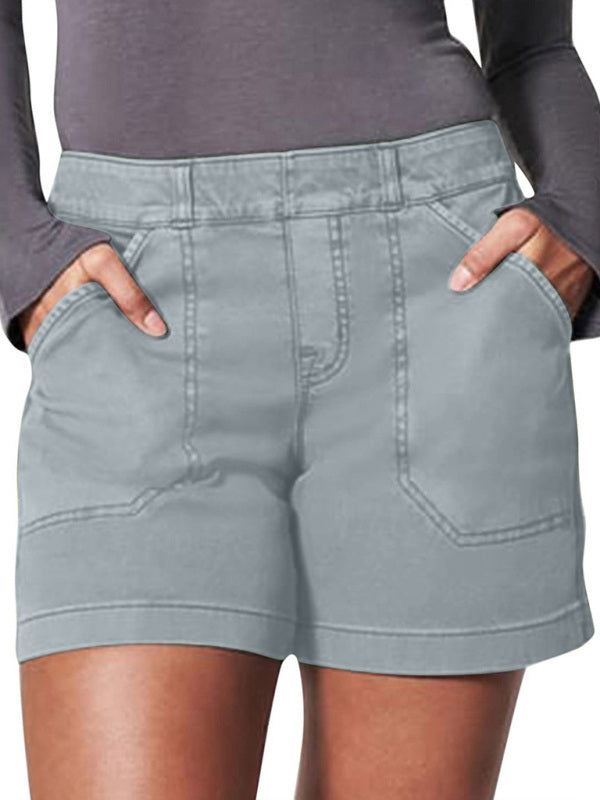 新款時尚百搭女款高彈斜紋大口袋純色休閒短褲