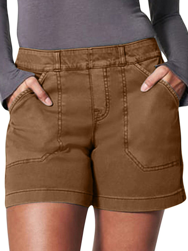 新款時尚百搭女款高彈斜紋大口袋純色休閒短褲