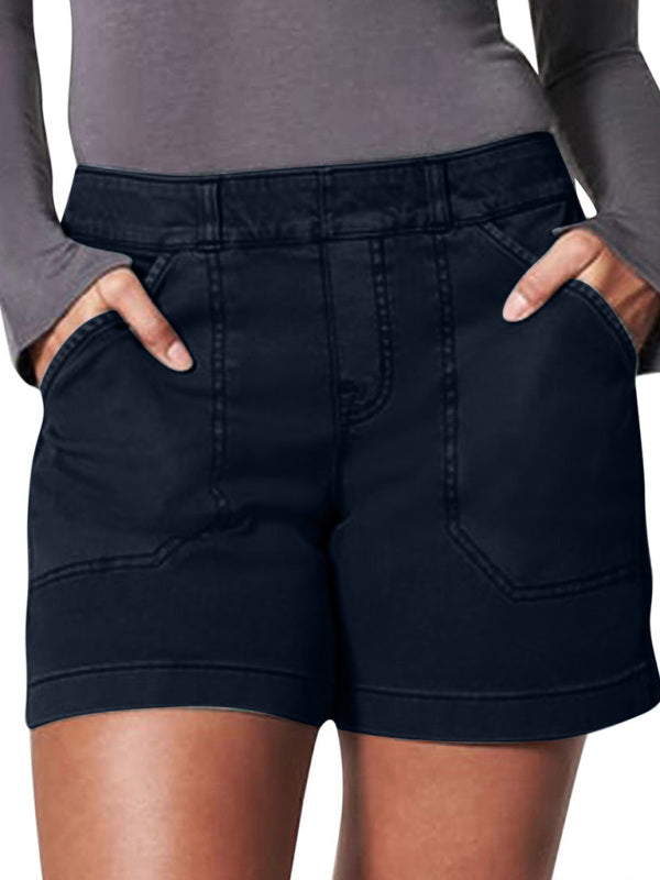 Women's high elastic twill large pocket solid color casual shorts