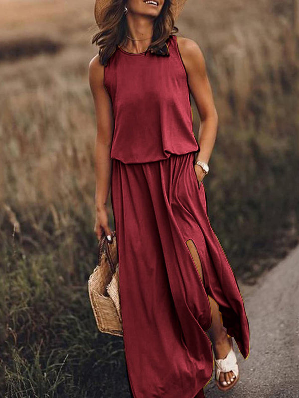 महिलाओं की गोल गर्दन बिना आस्तीन की पोशाक स्लिट बहुरंगा ठोस रंग लंबी पोशाक