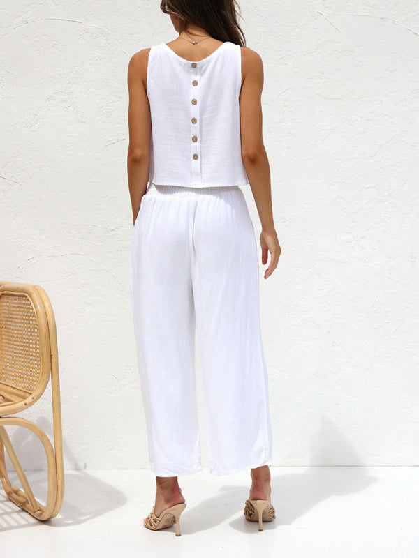 Sleeveless button-down vest cropped wide-leg pants cotton and linen set