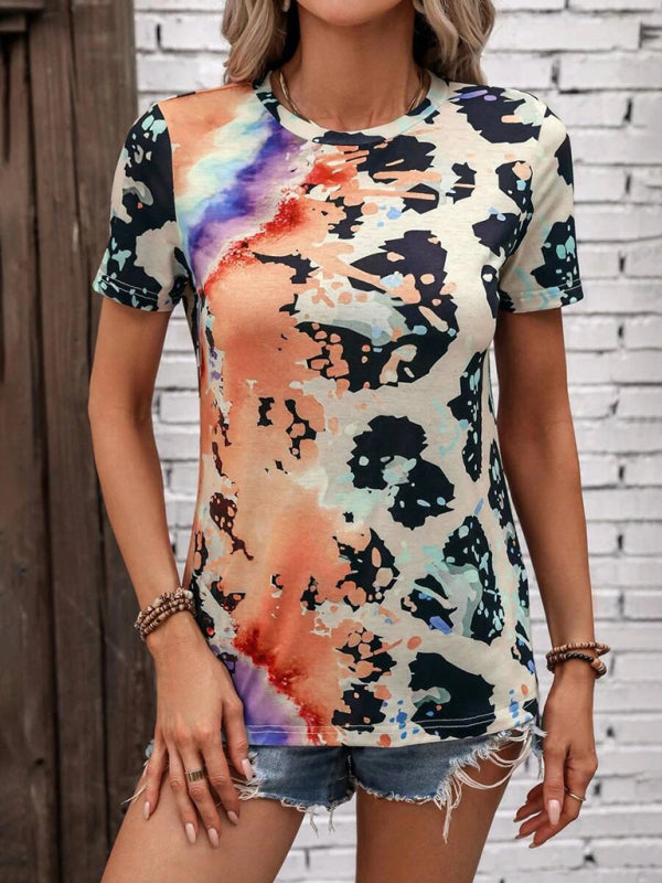 Women's Leopard Printed Round Neck Short Sleeve T-Shirt