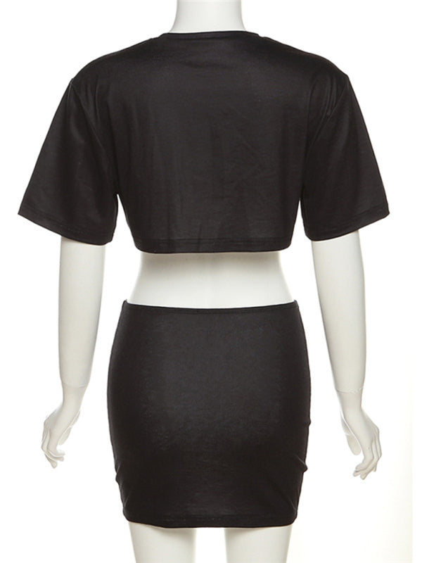 Women's Printed Short Top + Skirt Two-Piece Set