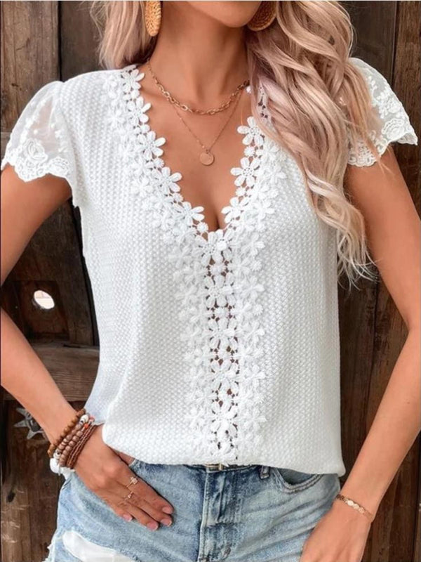Lace waffle solid color V-neck short-sleeved casual T-shirt