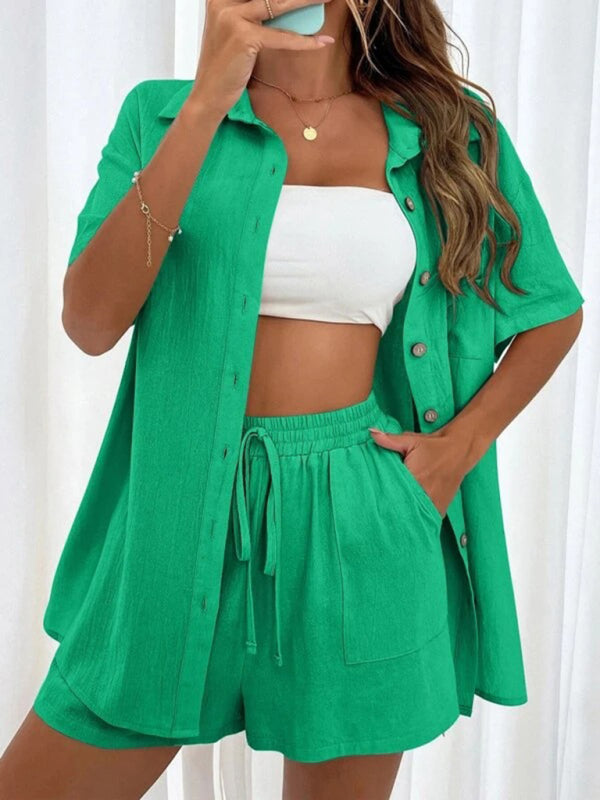 Loose-fit short-sleeve single-breasted shorts two-piece solid-color set