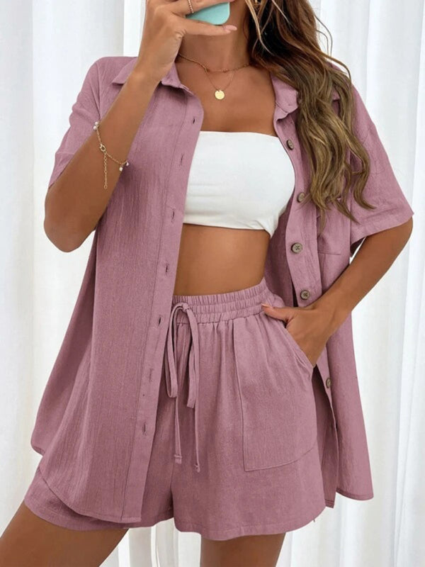 Loose-fit short-sleeve single-breasted shorts two-piece solid-color set