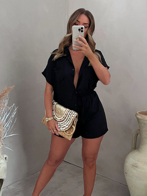Casual Solid Color Single Breasted Sleeve Shirt Elastic Waist Shorts Two-Piece Set
