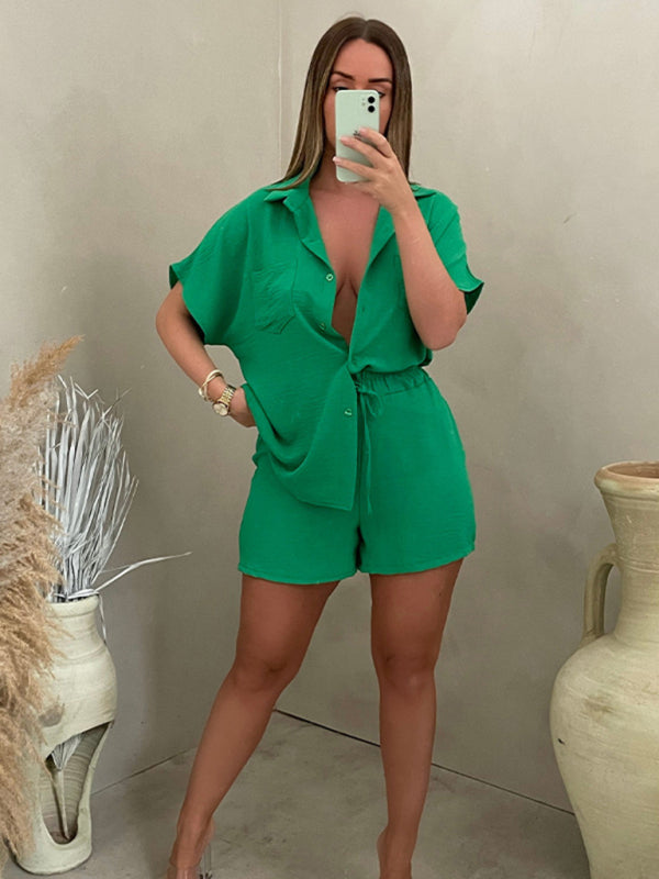 Casual Solid Color Single Breasted Sleeve Shirt Elastic Waist Shorts Two-Piece Set