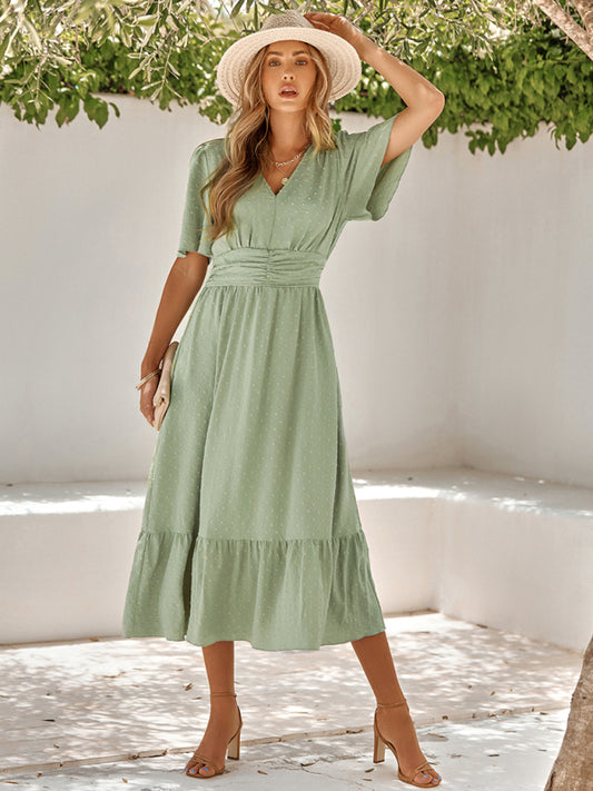 महिलाओं की ग्रीष्मकालीन नई वी-गर्दन कमल पत्ती आस्तीन ठोस रंग की पोशाक