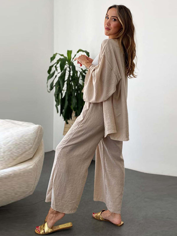 Long-sleeved top pocket wide-leg trousers two-piece set