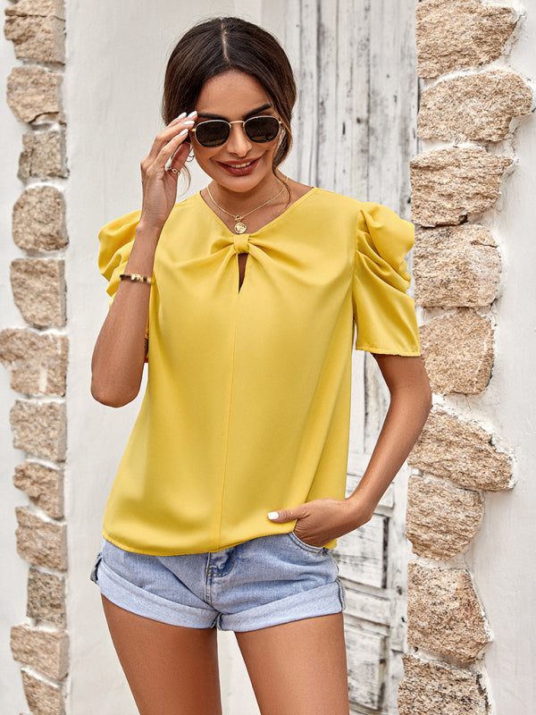 Solid color puff sleeve V-neck slim top