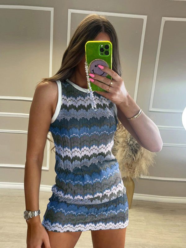 नई जियोमेट्रिक वेव सेक्सी स्लिम स्लीवलेस बुना हुआ स्वेटर ड्रेस