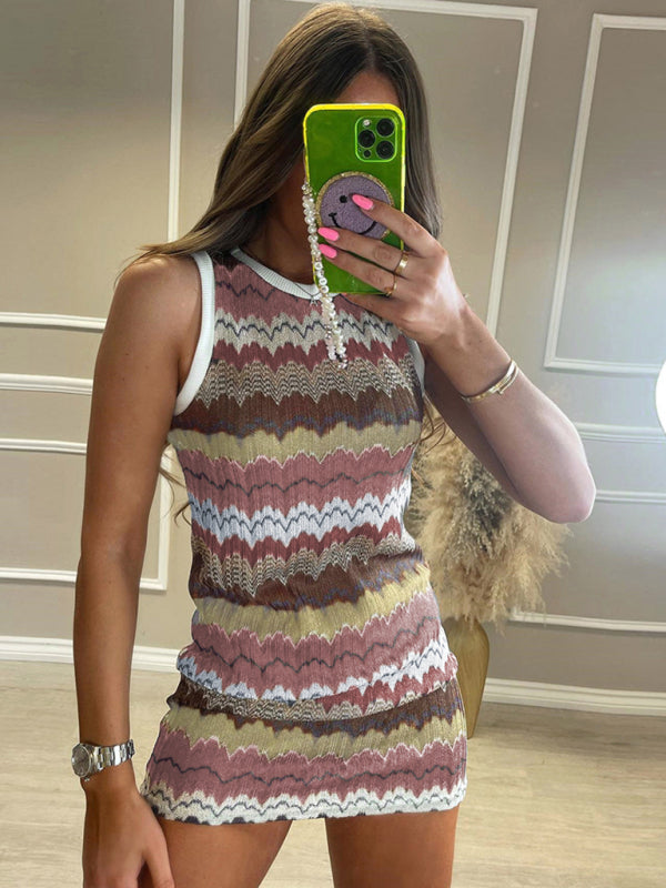Geometric wave slim sleeveless knitted sweater dress