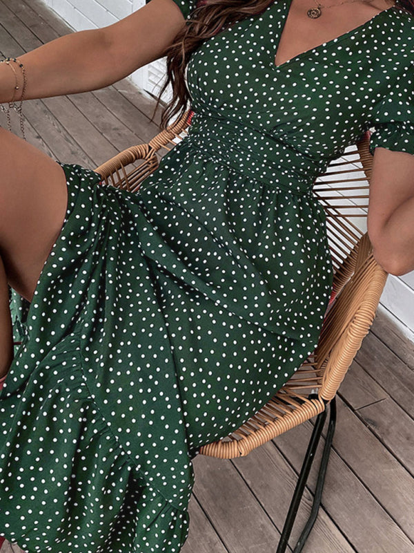 Women's casual holiday polka dot v-neck mid-length dress