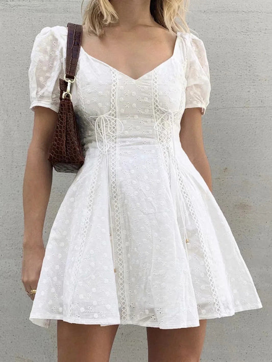 Women's Lace Embroidery Low Cut Square Neck Puff Sleeve Dress