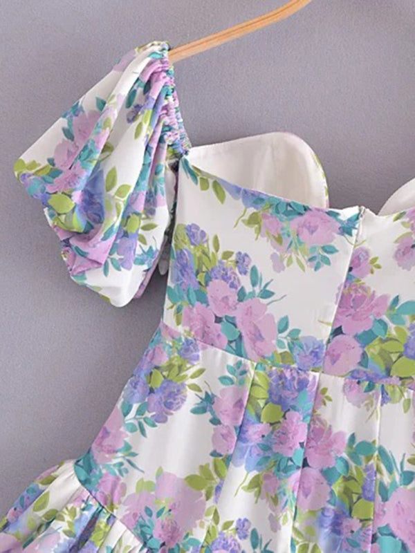 Asymmetric Puff Sleeve Lace Ruffle Dress