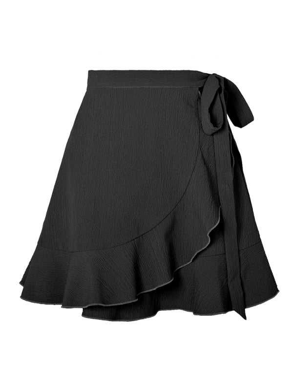 One Piece Tie High Waist Solid Ruffle Skirt