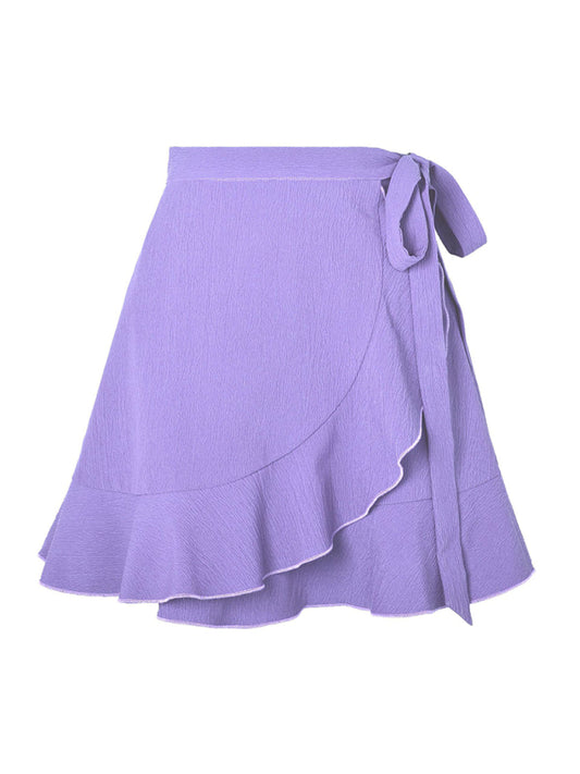 One Piece Tie High Waist Solid Ruffle Skirt
