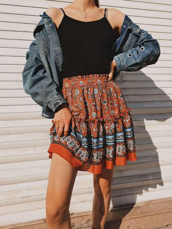 Printed Skirt Bohemian Ethnic Ruffle Skirt