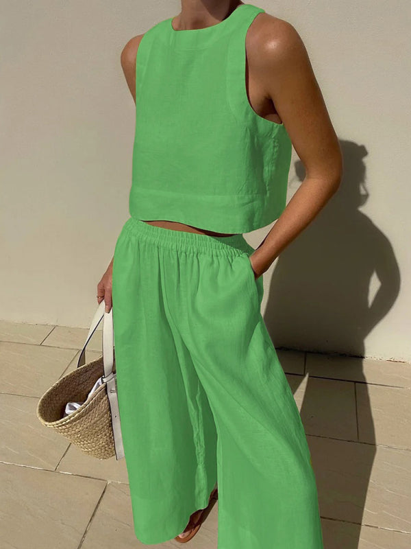 Casual loose solid color sleeveless shirt trousers two-piece set