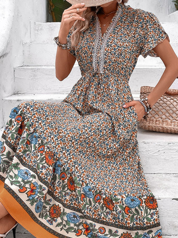 Ethnic style V-neck floral dress
