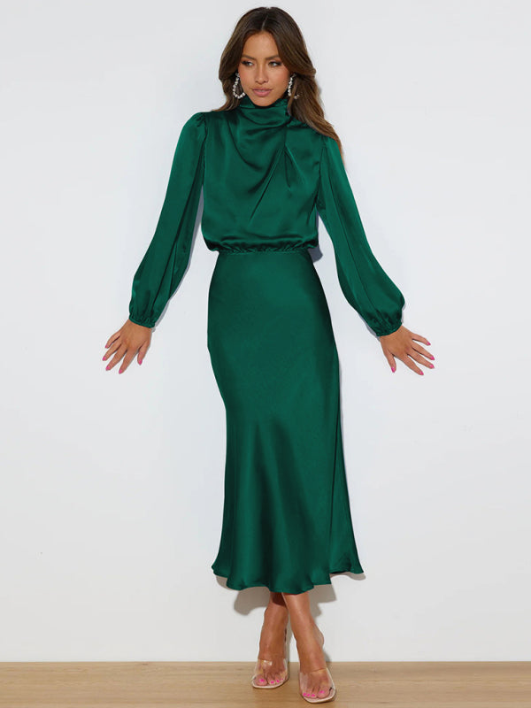 Elegant women's satin long sleeve loose dress