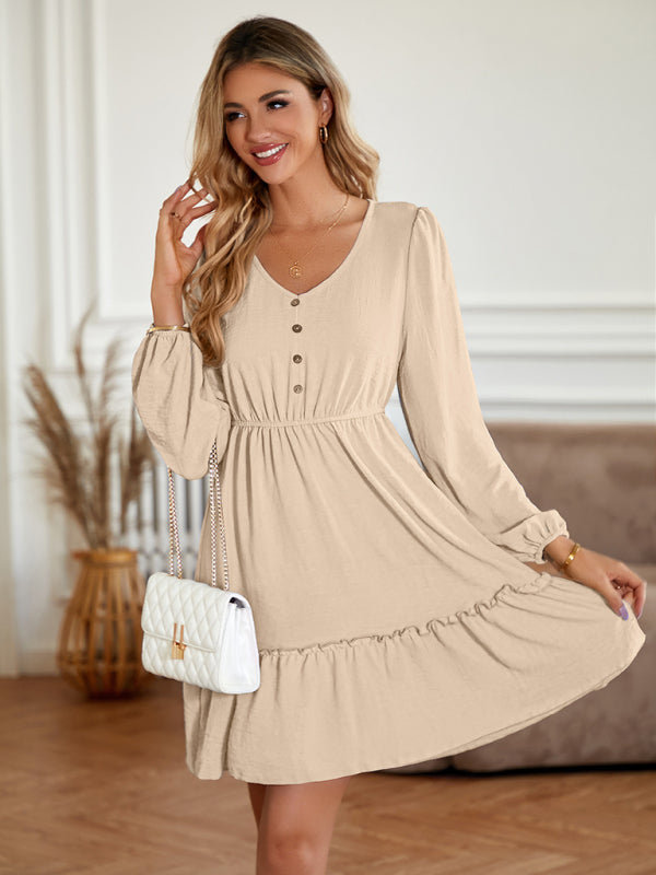 V-neck slim-fitting waist solid color button-embellished dress