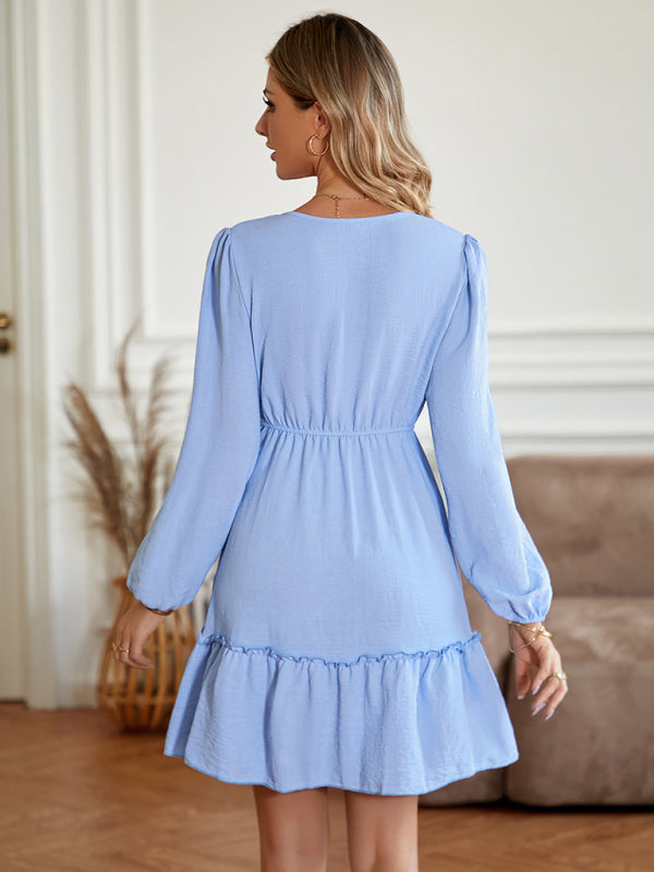 V-neck slim-fitting waist solid color button-embellished dress