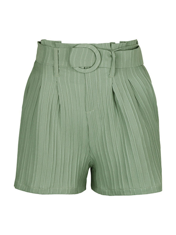 Small fresh green solid color pleated shorts