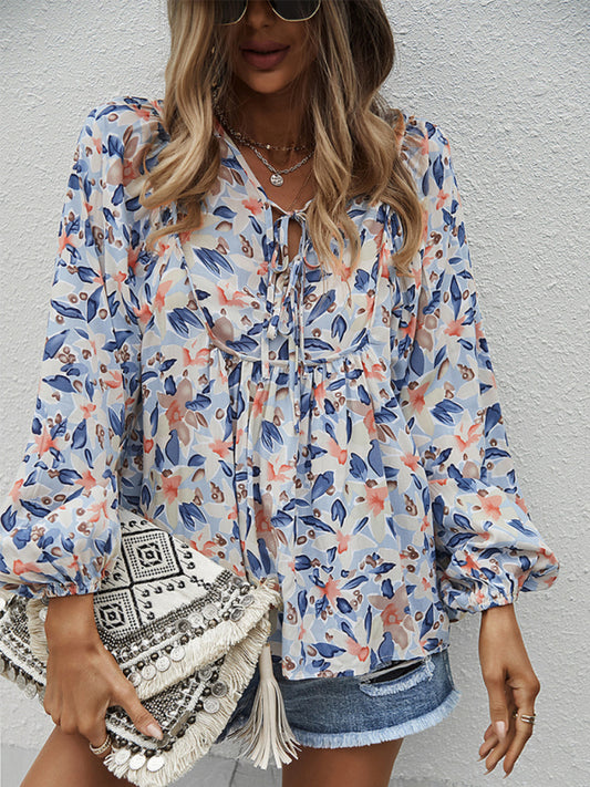Casual holiday style floral long-sleeved tie shirt