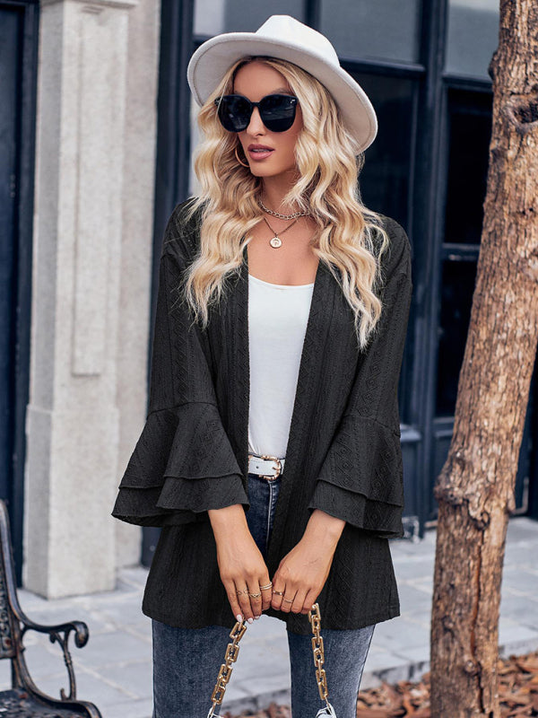 Solid Color Casual Bell Sleeve Knit Cardigan