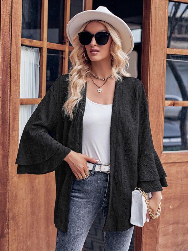 Solid Color Casual Bell Sleeve Knit Cardigan