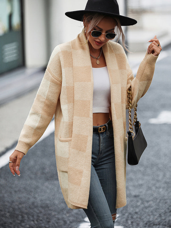 महिलाओं का कोट लूज़ प्लेड कलर ब्लॉक निट कार्डिगन फैशन स्वेटर