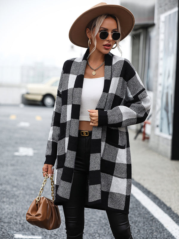 महिलाओं का कोट लूज़ प्लेड कलर ब्लॉक निट कार्डिगन फैशन स्वेटर