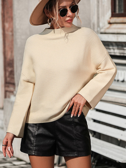 Loose Knitted Cropped Sleeve Solid Color Sweater